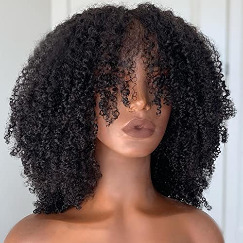 ceviz saç Afro Kinky kıvırcık insan saçı kahküllü peruk Tam Makine yapımı Kafa Derisi Üst Peruk Tutkalsız Bakire Brezilyalı