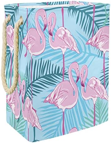 Inhomer Pembe Flamingolar Yeşil Orman Yaprakları Büyük Çamaşır Sepeti Su Geçirmez Katlanabilir Giysi Sepeti Sepet