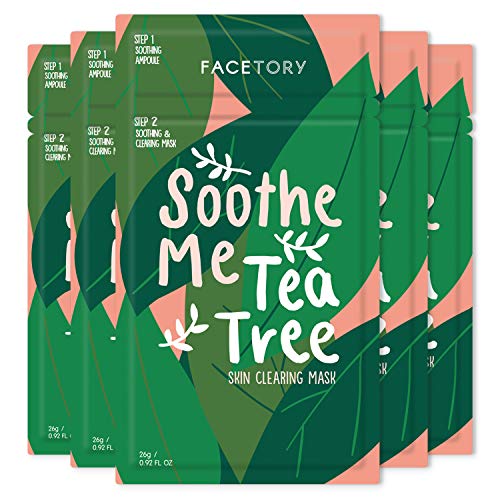 FACETORY Soothe Me Çay Ağacı Çay Ağacı Yağı ve Papatya Özlü 2 Adımlı Yaprak Maskesi-Akne Eğilimli Ciltler için-Yatıştırıcı,