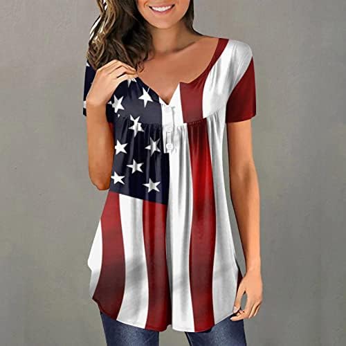 4th Temmuz Tunik Üstleri Kadınlar için Amerikan Bayrağı Gizlemek Karın T-Shirt Yaz Rahat Kısa Kollu Düğme V Yaka Bluzlar