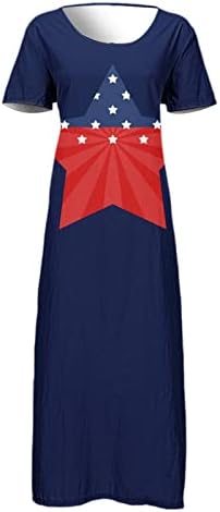 4th Temmuz Elbiseler Kadınlar için Yaz Casual Bohemian Maxi Elbise ABD Bayrağı Kısa Kollu Scoop Boyun Kravat Boya