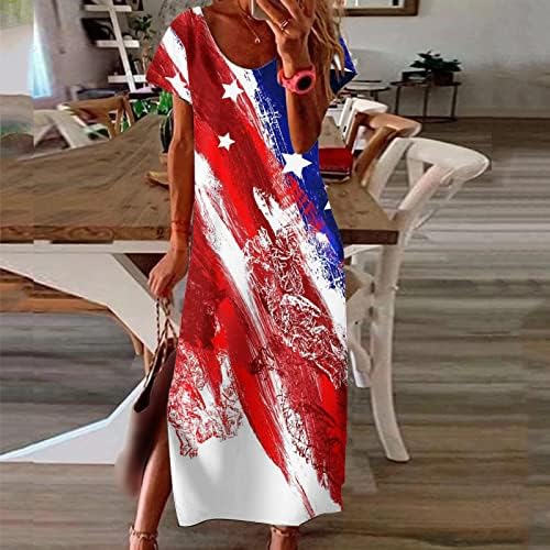 4th Temmuz Elbiseler Kadınlar için Yaz Casual Bohemian Maxi Elbise ABD Bayrağı Kısa Kollu Scoop Boyun Kravat Boya