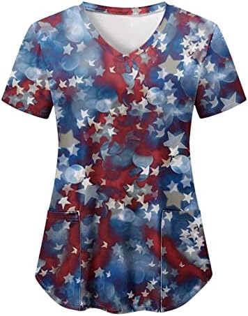 4th Temmuz Abd Bayrağı Tee Gömlek Kadınlar için Kısa Kollu V Boyun Gömlek 2 Cepler Bluzlar Tatil Yaz Rahat