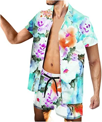 Erkek Hawaii Setleri Rahat Yatak Açma Düğmesi Hırka Yatak Açma Baskı Kısa Kollu Plaj Bluz ve Pantolon Takım Elbise