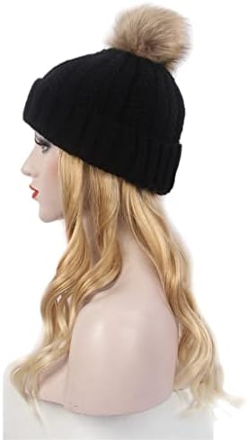 KLKKK Moda Bayan Saç Şapka Uzun Kıvırcık Altın Peruk Şapka Siyah Örme Şapka Peruk Şık Kişilik