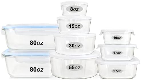 Cam Gıda Saklama Kapları 9 Paket Paket, Kapaklı Büyük Boy Cam Kaplar, BPA içermeyen Kilitleme kapakları, %100 Sızdırmaz