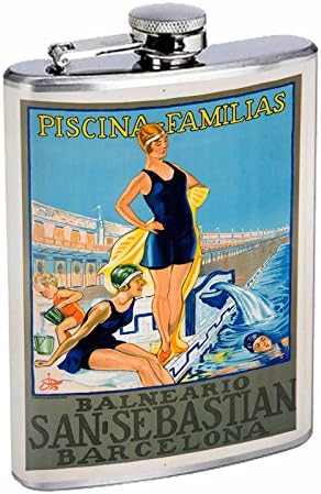 Mükemmellik Tarzı Paslanmaz Çelik Şişe 8 oz Vintage Poster D - 208 Piscina Familias Balneario San Sebastian Barcelona