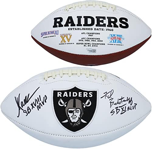 Marcus Allen, Fred Biletnikoff Las Vegas Raiders, Super Bowl MVP Yazıtlı Beyaz Panel Futbolu İmzaladı - İmzalı Futbol