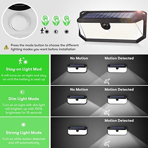 Güneş Dış mekan ışıkları-2'li Paket Süper Parlak 376 LED Hareket Sensörü Güvenlik ışıkları 270° Geniş Açılı/3 Modlu