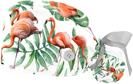 Düğmeli Kadınlar için Tıbbi Kapaklar Uzun Saç, 2 Parça Ayarlanabilir Çalışma Başlığı, Flamingo ve Palmiye Ağacı