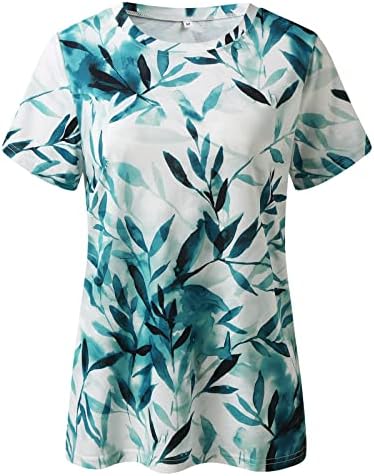 Adpan Bayan Günlük Yaz Yapraklar Baskı O Boyun Tankı Üstleri Kısa Kollu Egzersiz Gömlek Casual Bayan Uzun Moda Gömlek