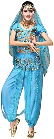 Kadın Oryantal Dans kıyafeti Kostüm Dans Elbise Üst+Pantolon Raglan Uzun Kollu Gömlek Kadın (Gök Mavisi, Bir Boyut)
