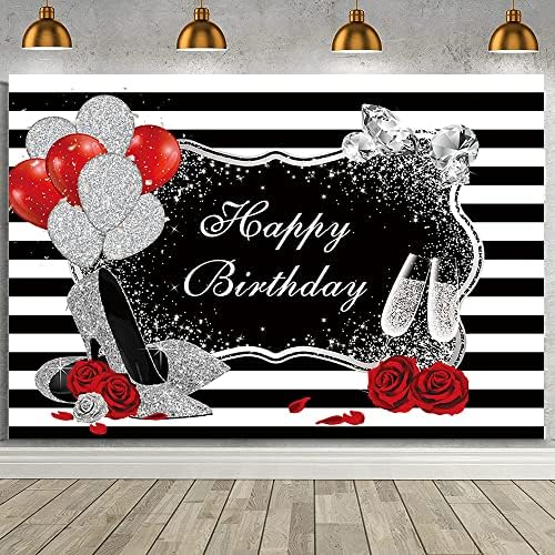 AIBIIN 7x5ft Siyah ve Şerit Doğum Günü Backdrop Glitter Pullu Şerit Yüksek Topuk Şampanya Elmas Kırmızı Gül Arka Plan