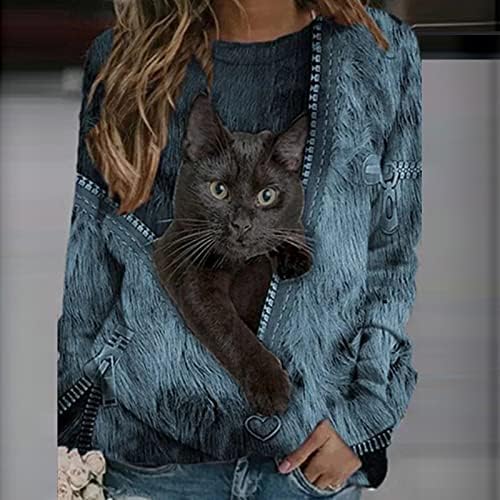 MRGIINRI kadın 3D Kedi Baskı Tişörtü Şık Rahat Uzun Kollu Crewneck Kazak Kedi Cep Fermuar Grafik Tee Tops