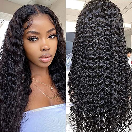 Su dalgası dantel ön peruk insan saçı Tutkalsız 4x4 Su dalgası dantel kapatma Peruk siyah kadınlar için 150 % yoğunluk
