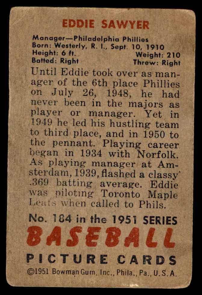 1951 Okçu 184 Eddie Sawyer Philadelphia Phillies (Beyzbol Kartı) ZAVALLI Phillies