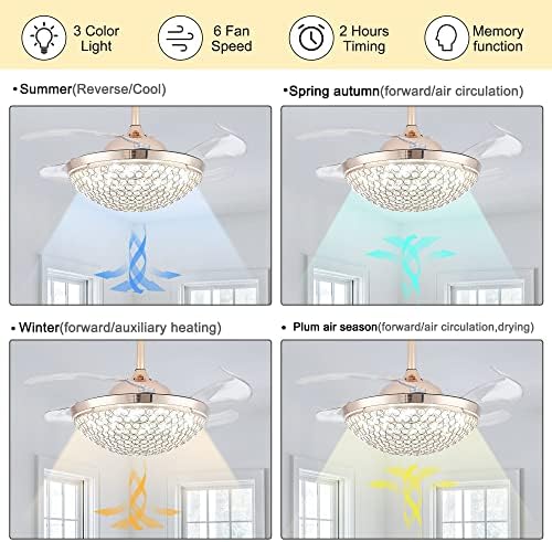 YPQXYHDA 42 kısılabilir Fandelier tavan vantilatörü ile ışık ve uzaktan geri çekilebilir avize Fan Kristal Avize tavan