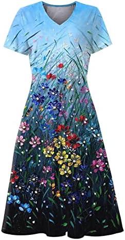 AİZONGK Kadın Artı Boyutları Tankı Elbiseler V Boyun Kısa Kollu Bohemian Çiçek Baskı Büyük Etek Boyu Yaz Plaj Sundress