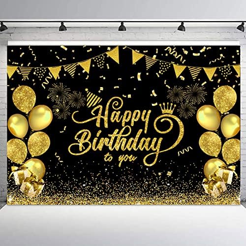 7x5ft Mutlu Doğum Günü Zemin Siyah ve Altın Glitter Balon Havai Fişek İşareti Doğum Günü fotoğraf arka fonu Arka Plan