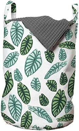 Ambesonne Philodendron Çamaşır Torbası, Ritmik Renkli Egzotik Alocasia Yaprak Baskı, Kulplu Sepet Çamaşırhaneler için