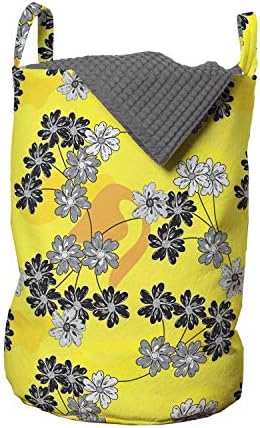 Ambesonne Çiçekli Çamaşır Torbası, Gri Tonlamalı Bahar Tarlası Çiçekli Sezonun Çiçekleri Yaz Tasarımı, Kulplu Sepet