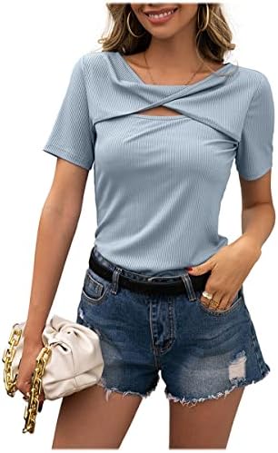 Nxxyeel Yaz Bluz Kadınlar ıçin Kısa Kollu Fit Kazak Gömlek Katı Renk Hollow Out Casual Slim Tüm Maç Tee Tops