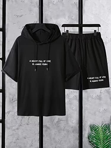 FİOXA İki Parçalı Kıyafetler Erkekler için Sloganı Grafik İpli Kapşonlu Tee ve Şort (Renk: Siyah, Boyutu: Büyük)