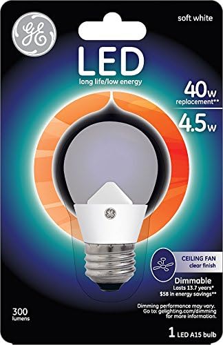 GE Aydınlatma 89987 LED 4.5 watt 300 Lümen Kısılabilir A15 Orta Tabanlı Tavan Vantilatörü Ampul, Şeffaf, 1'li Paket
