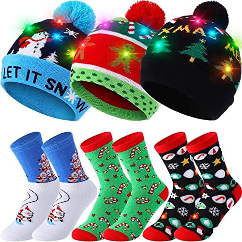 6 Adet Noel Light up Şapka Noel Çorap LED Bere Şapka Unisex Kış Bere Kazak Kap Noel Yeni Yıl için Kadın Kız Erkek