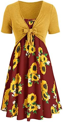 Moda Kadın Kısa Kollu İlmek Bandaj Üst Ayçiçeği O-boyun Baskı Mini Elbise Takım Elbise Bohemian Elbise