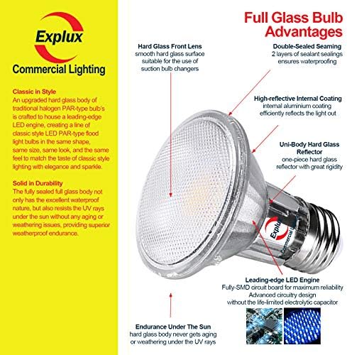 Explux Ticari Sınıf LED PAR20 Projektör Ampulleri, 60W Eşdeğer 650 Lümen, Kısılabilir, Tam Cam Hava Koşullarına Dayanıklı,