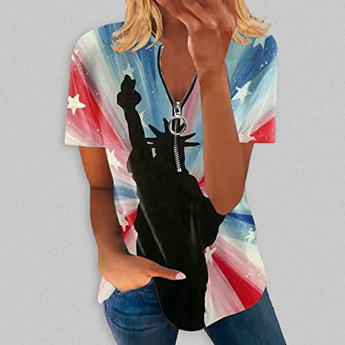 2023 Bayan Amerikan Bayrağı Gömlek Yarım Zip Up Bluzlar Kadınlar için Moda Kısa Kollu Vatansever T Shirt Şık Casual