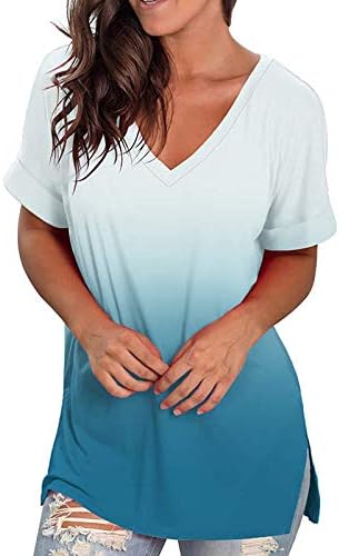 Kadın Rahat Yaz T Gömlek V Boyun Kısa Kollu Tee Degrade Gevşek Fit Bluz Tops 2023 Moda Gömlek