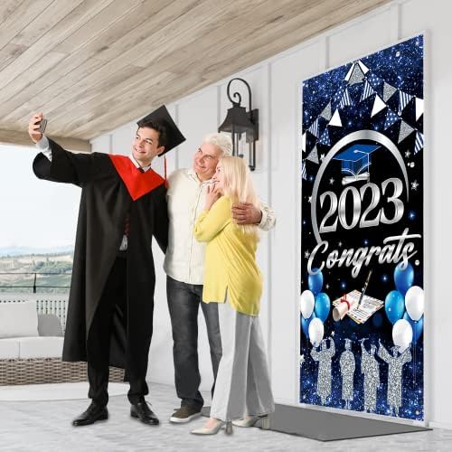 2023 Mezuniyet Süslemeleri Tebrikler Grad Sınıfı 2023 Kapı Kapağı - Mavi ve Gümüş Mezuniyet Afişi Zemin Ön Kapı Sundurma