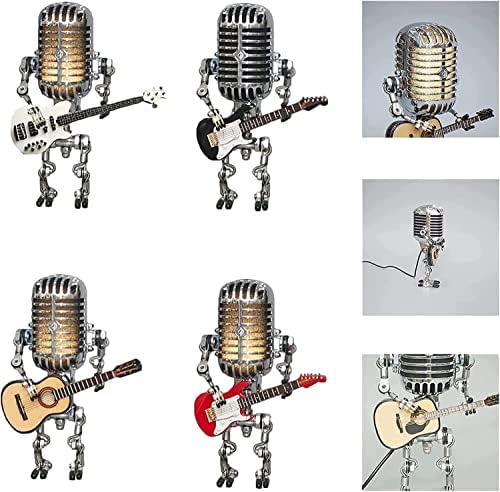 Vintage Mikrofon Robot Masa Lambası, Retro Tarzı Mikrofon Robot Masa Lambası Holding Guitare, Mini Gitarlı Metal Mikrofon