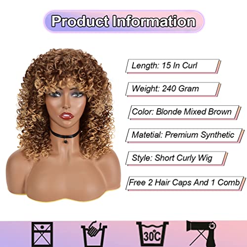 Siyah kadınlar için kıvırcık peruk, patlama ile 14 inç yumuşak kıvırcık Afro peruk, Premium sentetik kahverengi karışık