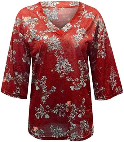 2023 Elbise Moda 3/4 Kollu V Boyun Çiçek Grafik Gevşek Fit Seksi Capri Üst Gömlek Kızlar için Sonbahar Yaz Tshirt