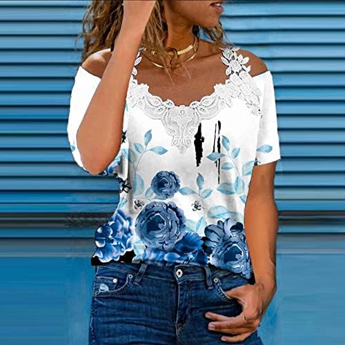 T-Shirt kazak Bayan ilkbahar yaz baskılı dantel rahat kısa kollu V boyun T gömlek üst bluz