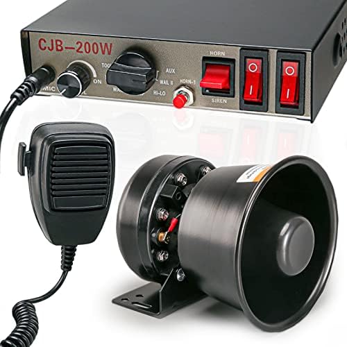 BooYu 12V 200W 9 Ton Polis Uyarı Acil Siren PA Sistemi [Siyah Çelik Hoparlör][125-135dB][El Mikrofonu][Eller Serbest][2