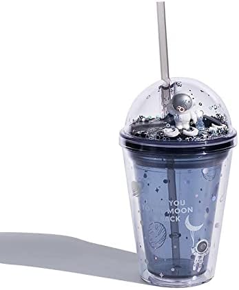 NAIHEYX Yıldızlararası Dolaşım Çift Katmanlı Saman Fincan Yaratıcı Hediye Astronot Plastik Bardak Sevimli Su Bardağı
