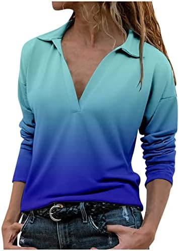 NaRHbrg Bayanlar Kravat Boya Yaka Gömlek Kadınlar için Uzun Kollu Bluz V Boyun Tees Casual Sonbahar Degrade Kravat