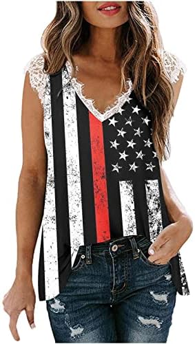 Kadın Yaz Tankı Üstleri Bağımsızlık Günü T Shirt Amerikan Bayrağı Tunik Dantel V Boyun Kolsuz Gömlek Casual Gevşek