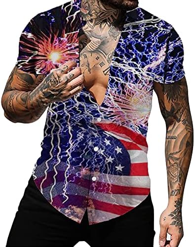 Yaz Tee Gömlek Erkek Bağımsızlık Günü Bayrağı 3D Baskılı Hırka Rahat Kısa Kollu Gömlek Ejderha Düğme Gömlek